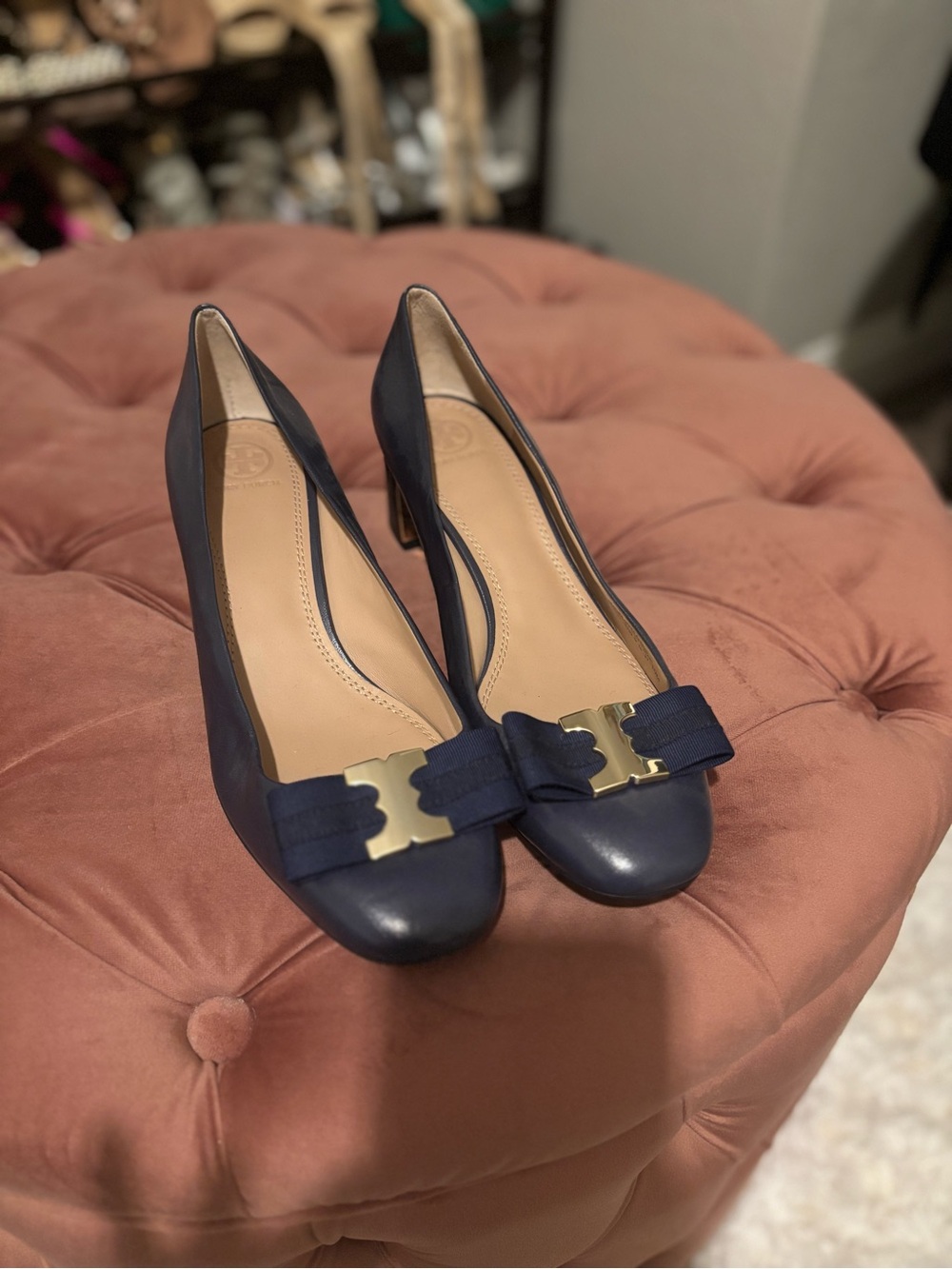 Tory Burch Navy Leather Mid-Heel Pumps with Gold Logo Accent